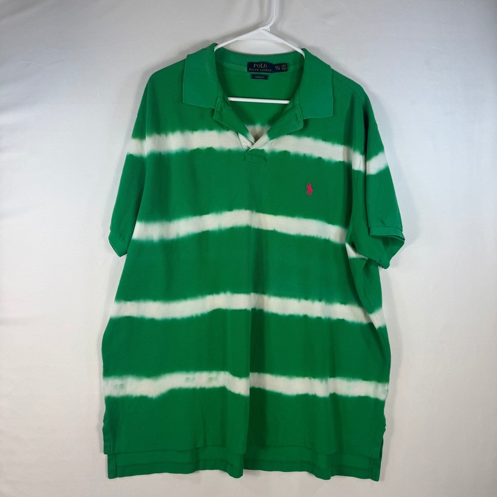 Polo Ralph Lauren Mens XXL Green White Tie Dye Stripe Custom Fit Polo‎ Shirt